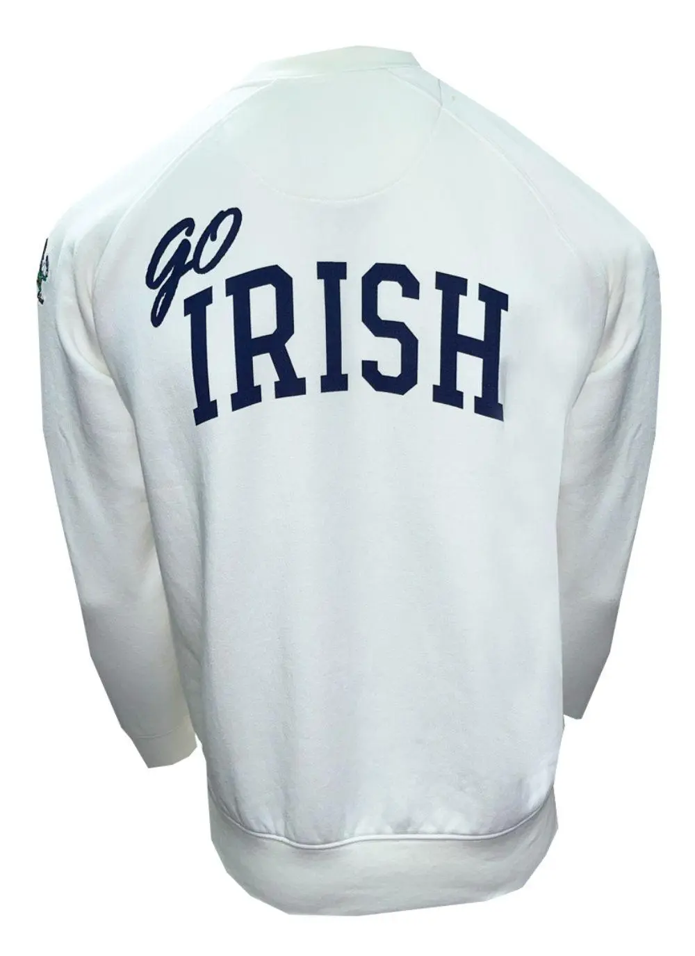 Cream sweatshirt with Ireland and fighting Irish logo in blue in the center, go Irish printed on the back in blue