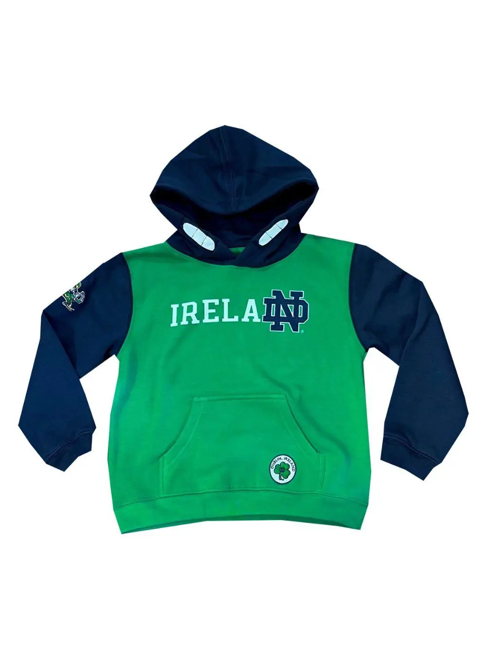 Kids hoodie with green torso, navy sleeves and hood, Ireland printed in the middle with fighting Irish logo
