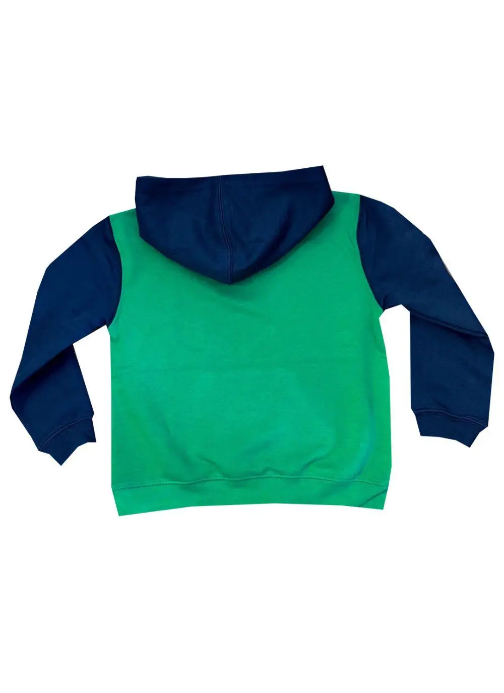 Kids hoodie with green torso, navy sleeves and hood, Ireland printed in the middle with fighting Irish logo