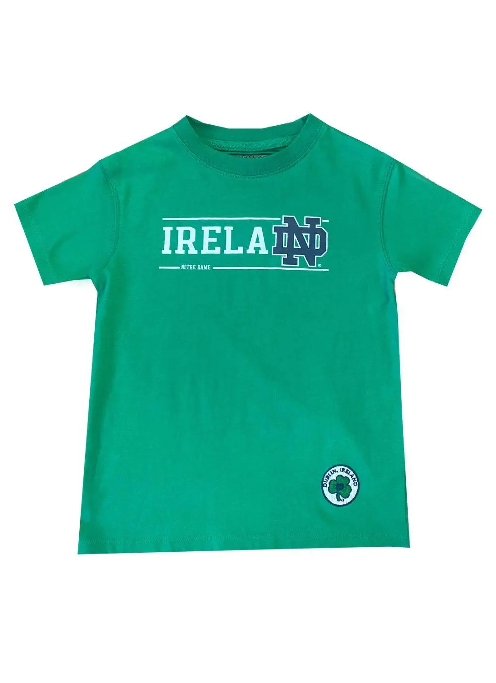 Kids green t-shirt with letters spelling Ireland and fighting Irish logo printed and a shamrock sewn in at the bottom