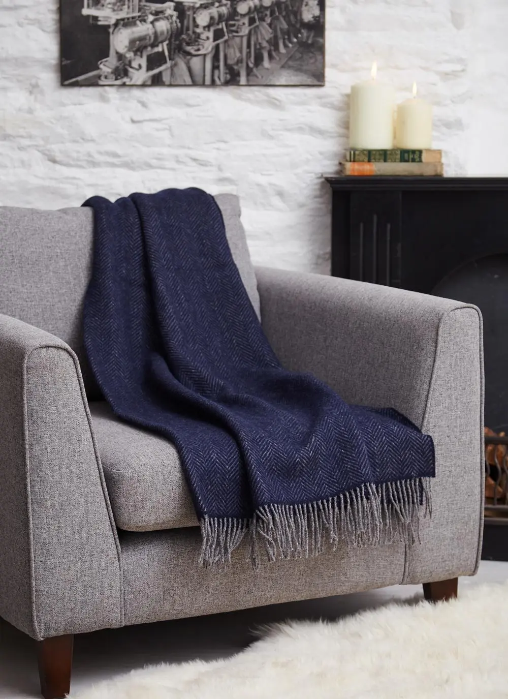 Navy Herringbone Wool Cashmere Throw
