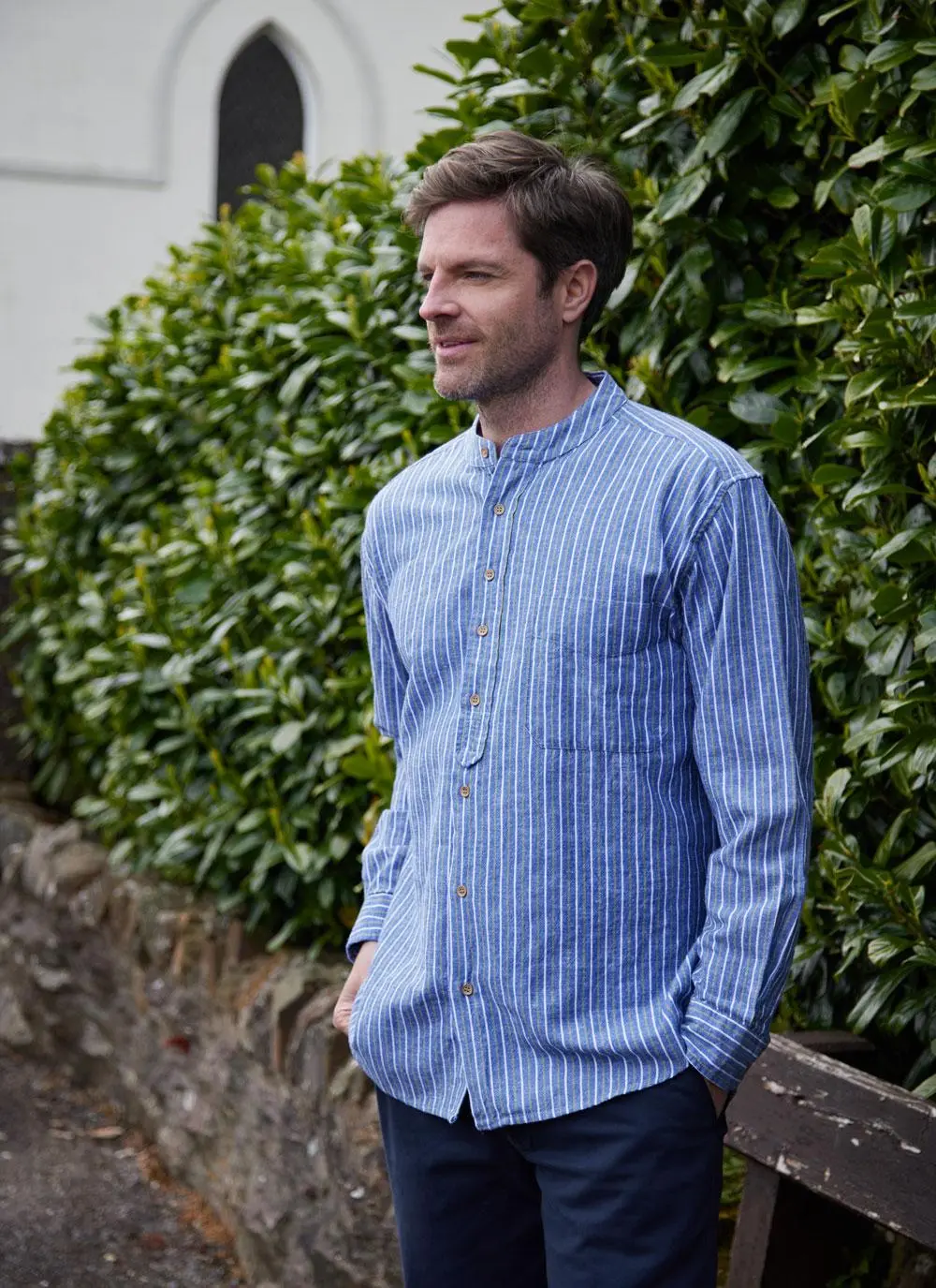 Oran Cotton Linen Stripe Grandfather Shirt