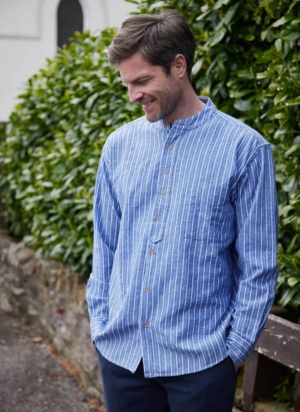 Oran Cotton Linen Stripe Grandfather Shirt