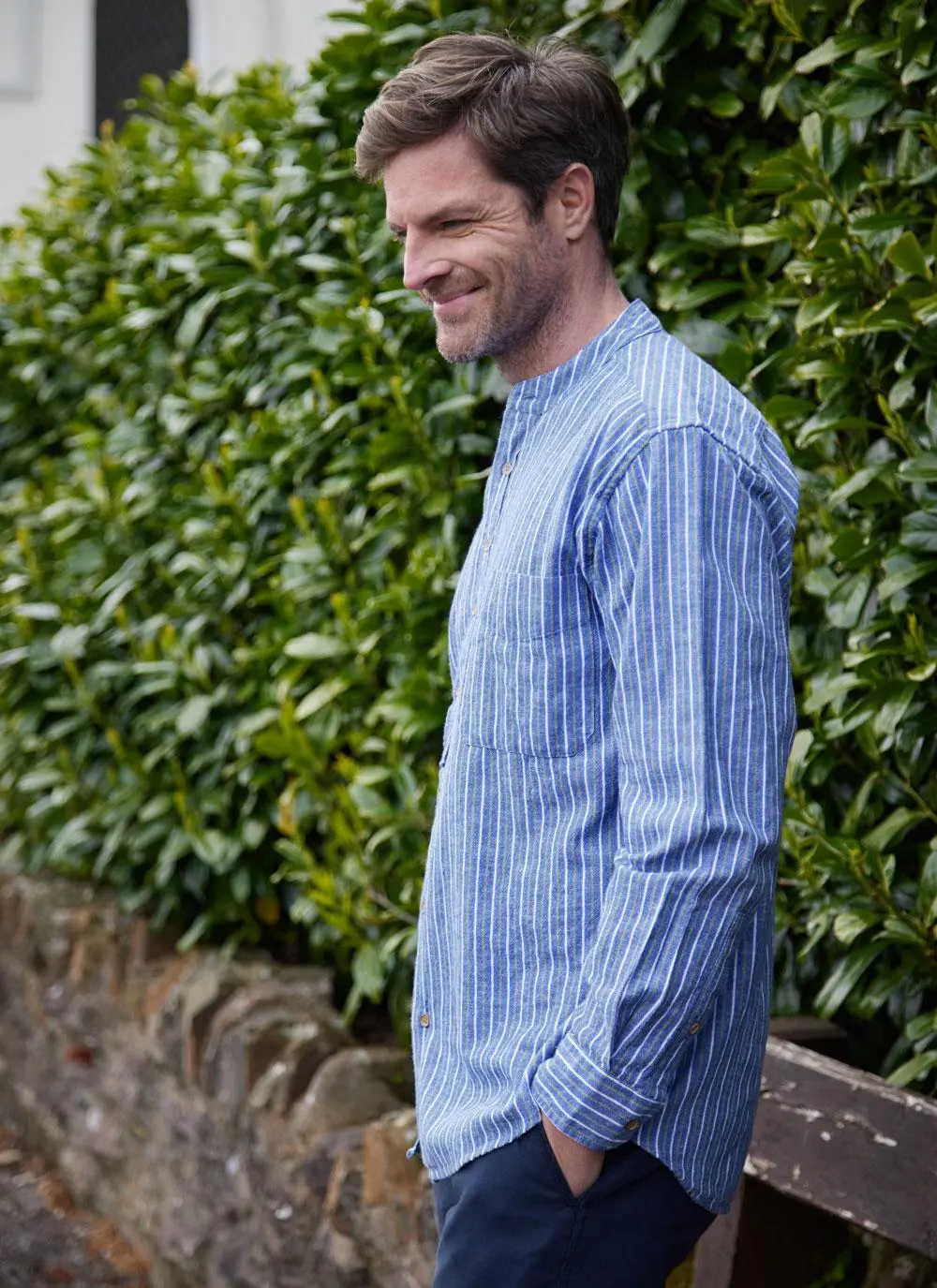 Oran Cotton Linen Stripe Grandfather Shirt