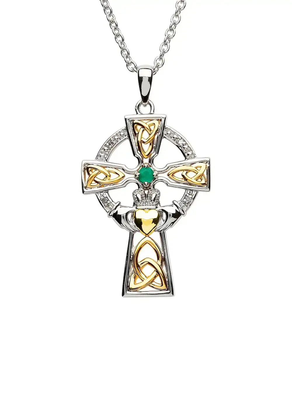 Petite Sterling Silver Trinity Knot Celtic Cross With Emerald & Diamond