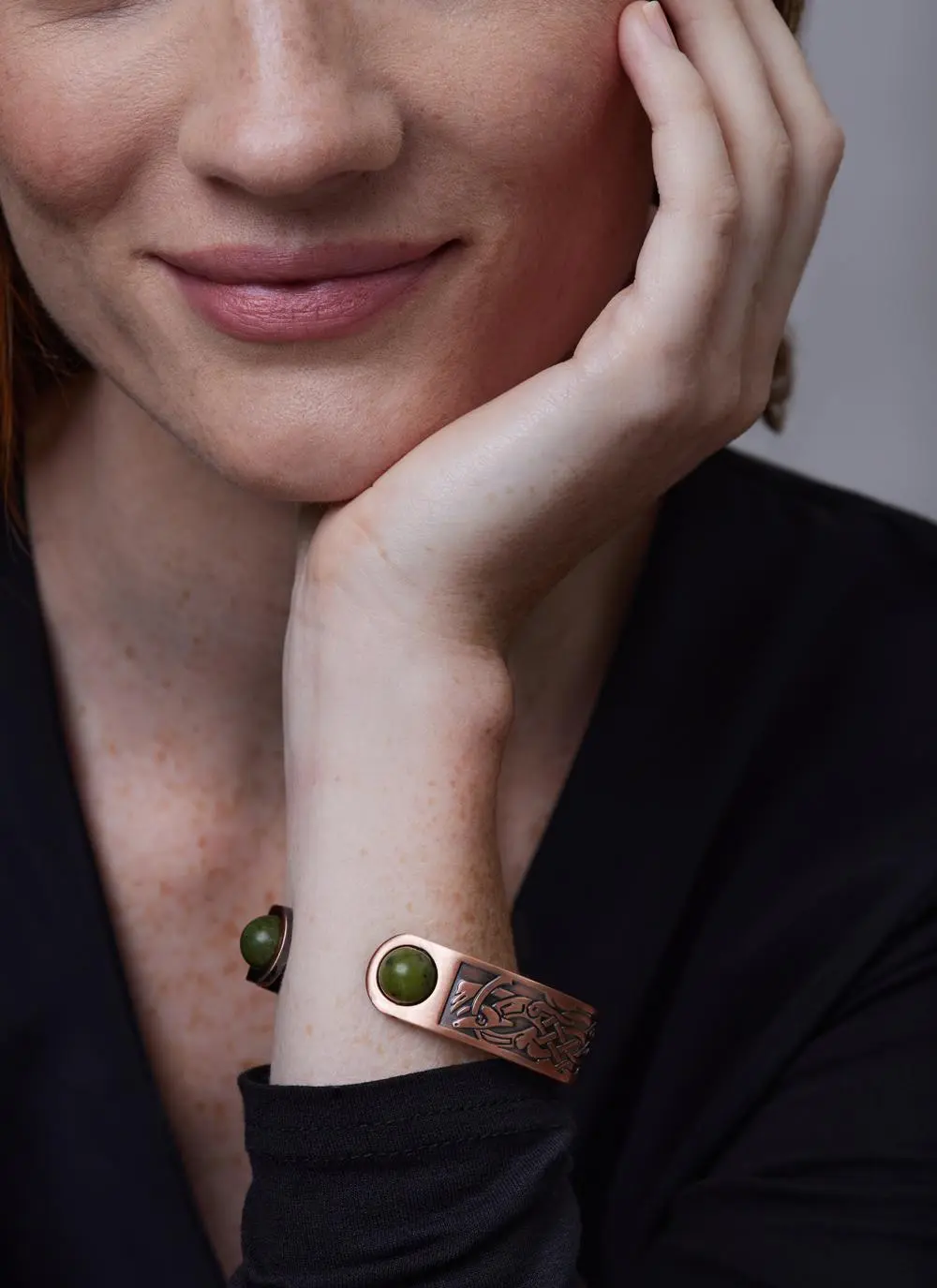 Close up of model wearing Pewter 
