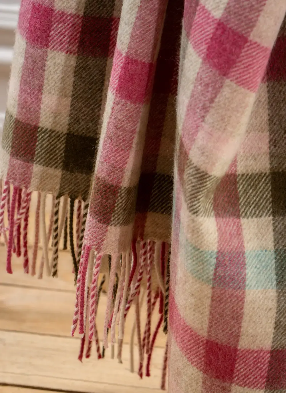 Pink Khaki Plaid Merino Wool Throw