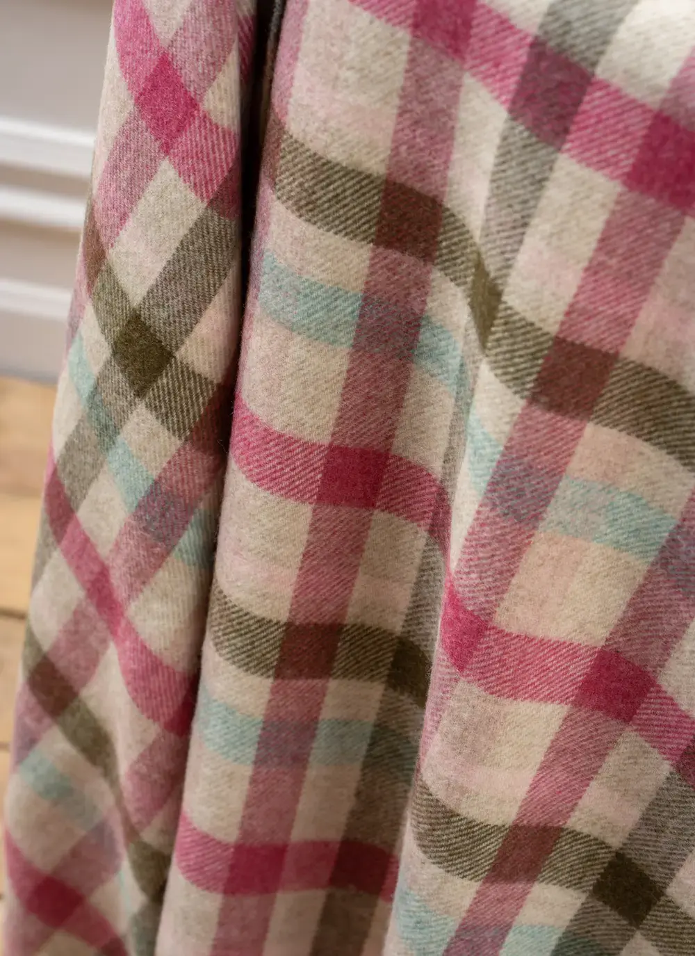 Pink Khaki Plaid Merino Wool Throw