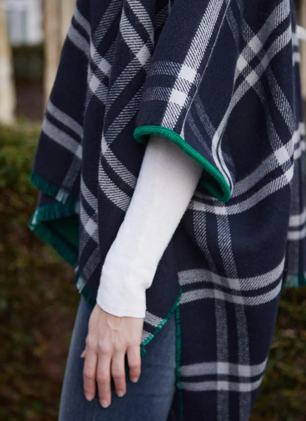 Reversible Check Fringed Poncho