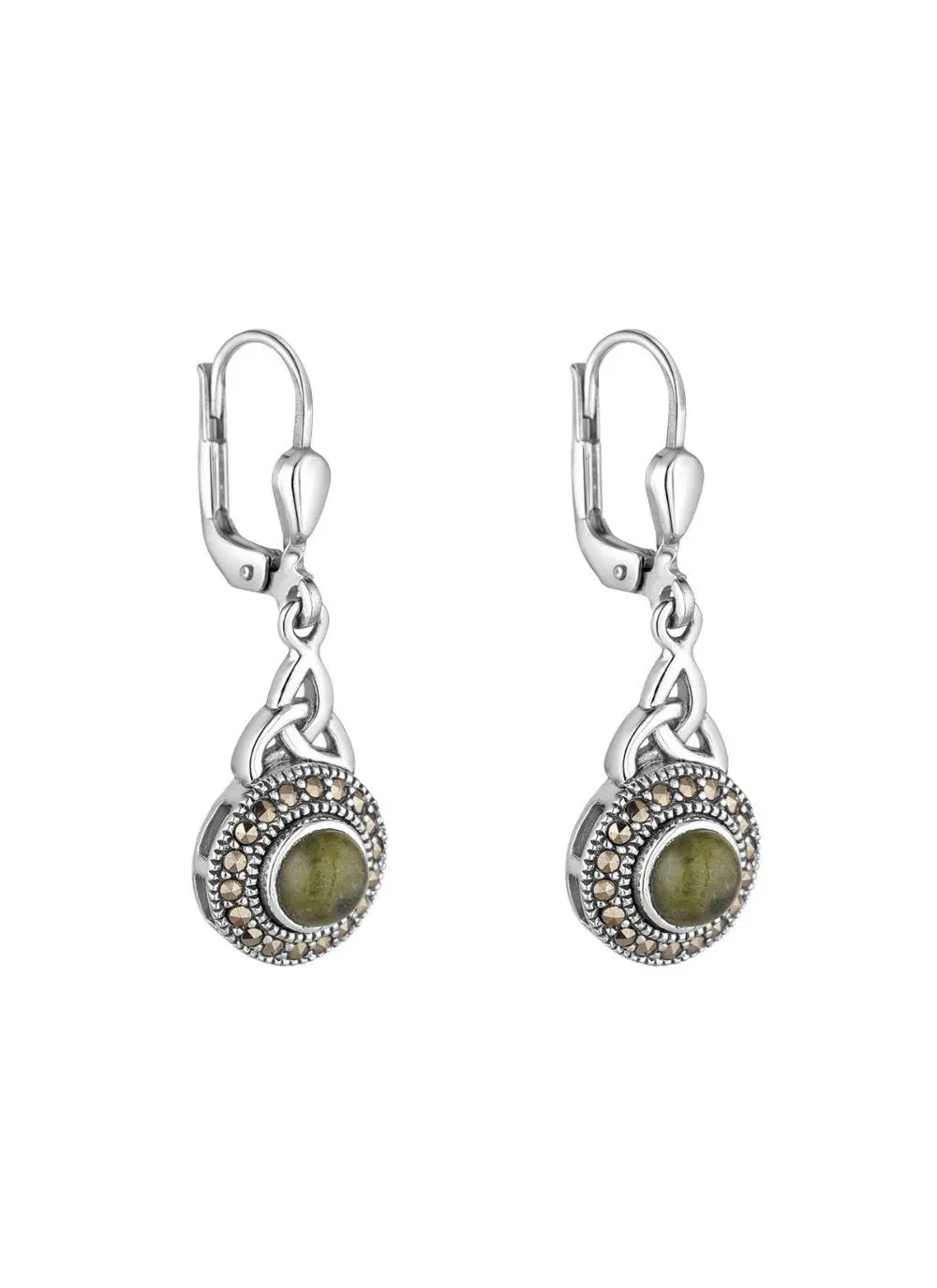 Sterling Silver & Connemara Marble Trinity Knot Drop Earrings with Marcasite 