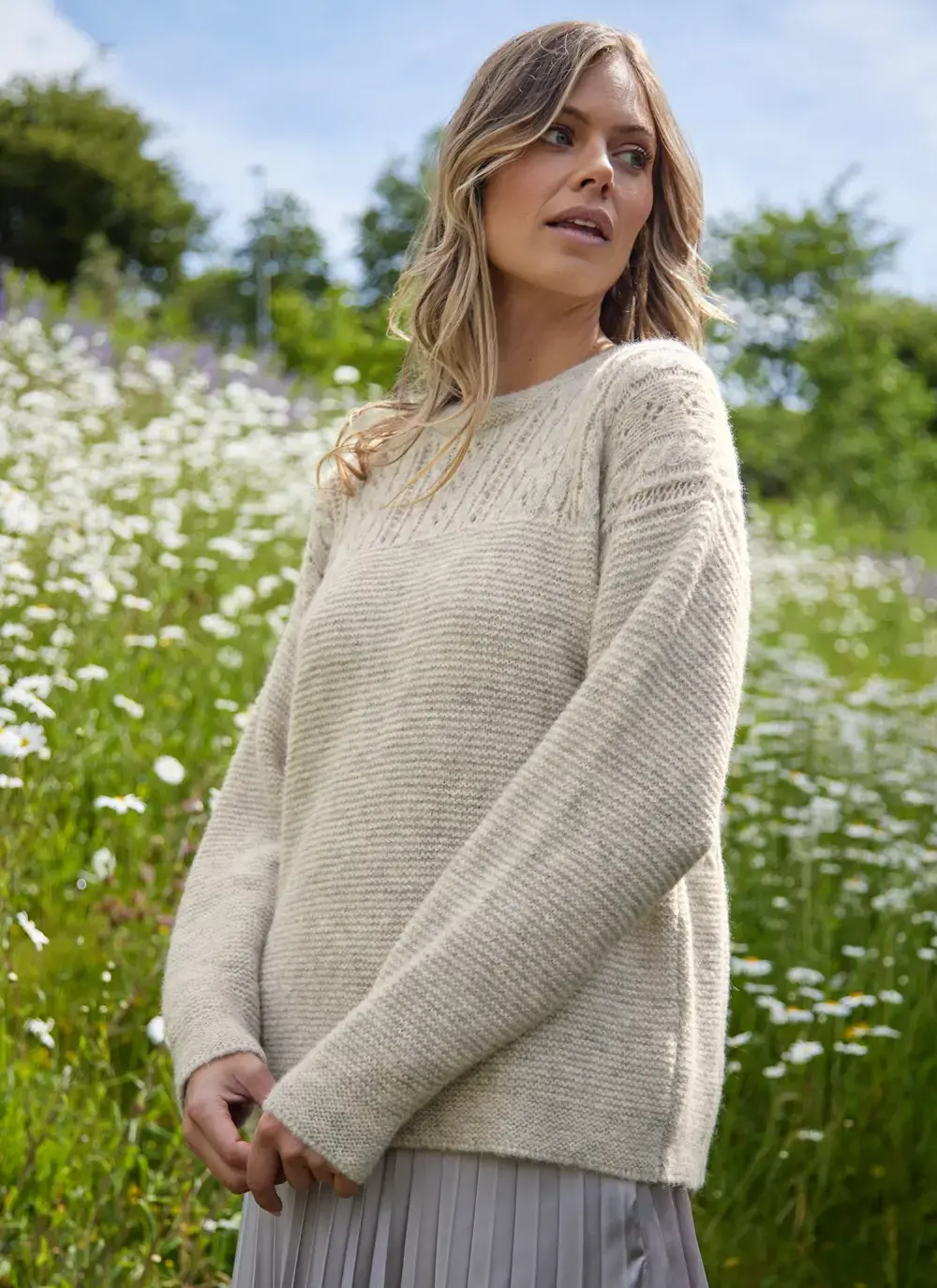 Fisherman Alpaca Eyelet Stitch Crew Neck Sweater