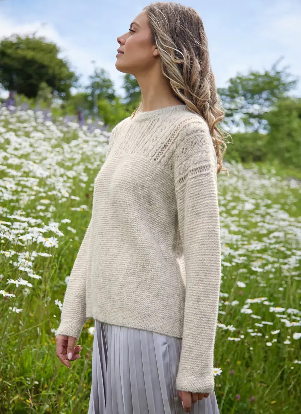 Fisherman Alpaca Eyelet Stitch Crew Neck Sweater