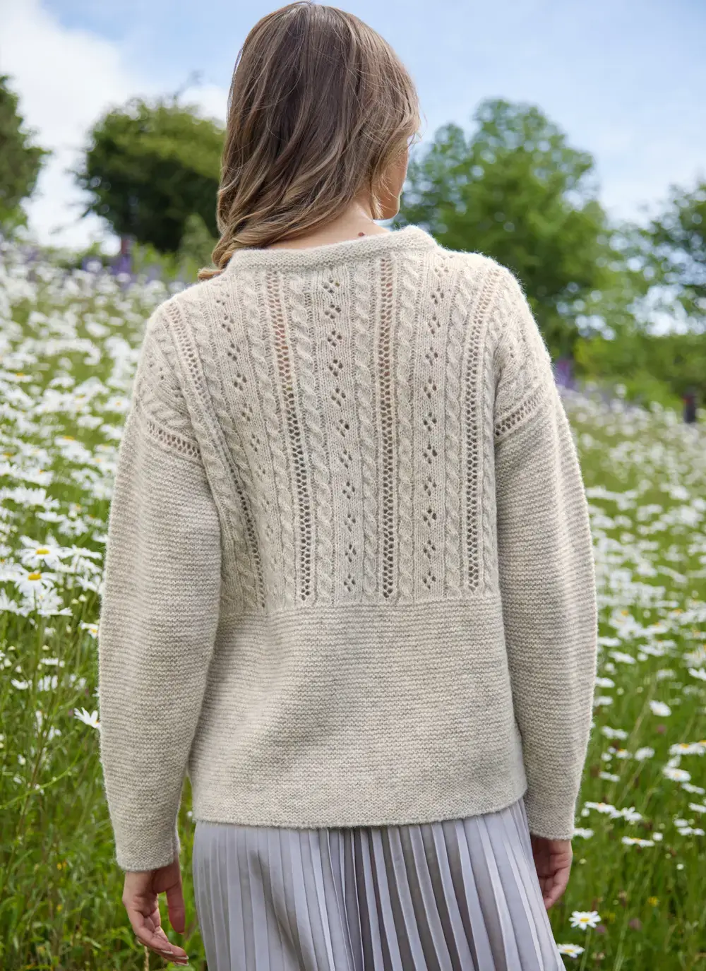 Fisherman Alpaca Eyelet Stitch Crew Neck Sweater
