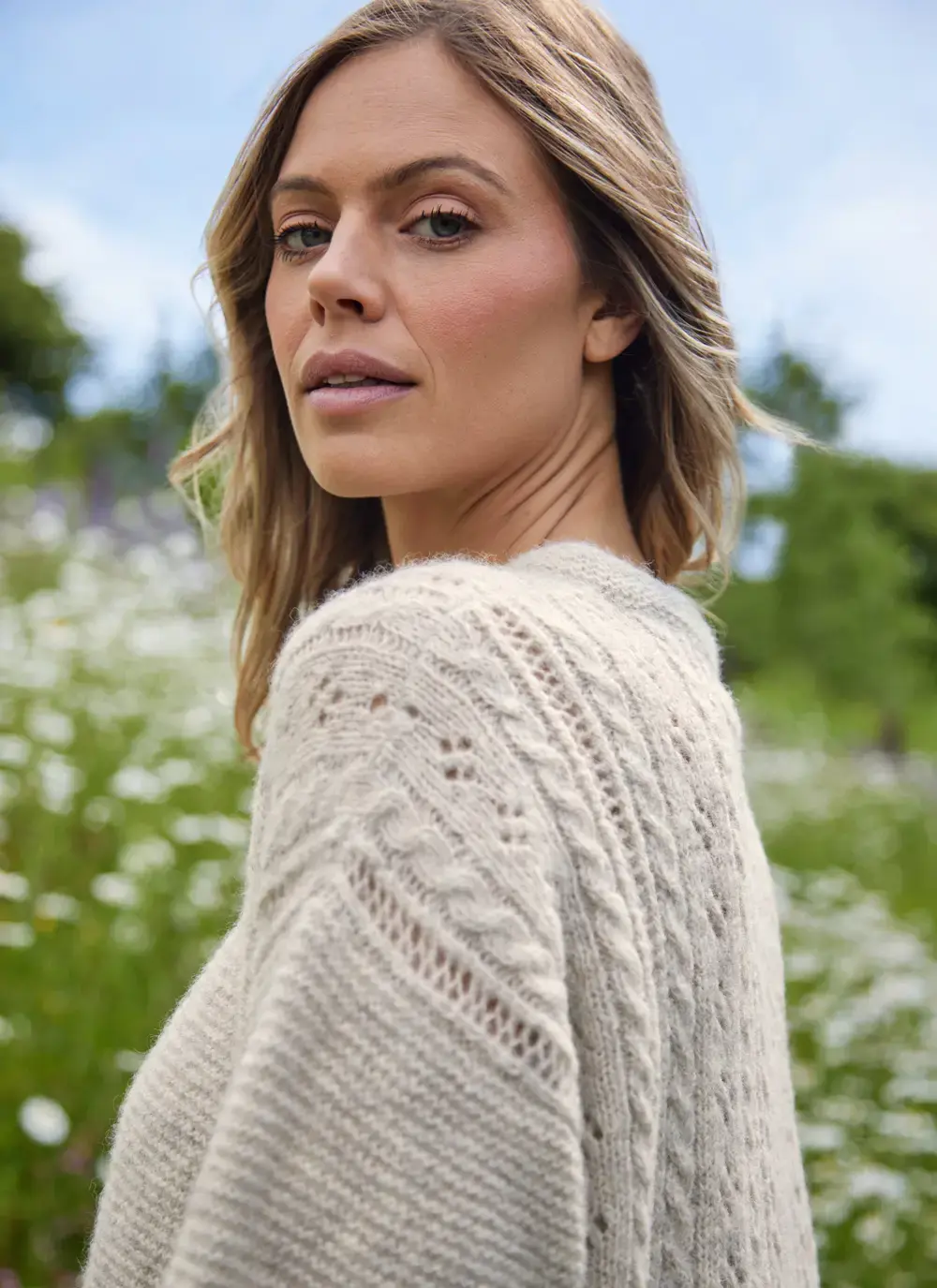 Fisherman Alpaca Eyelet Stitch Crew Neck Sweater