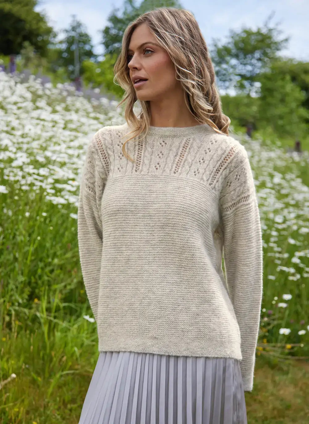 Fisherman Alpaca Eyelet Stitch Crew Neck Sweater
