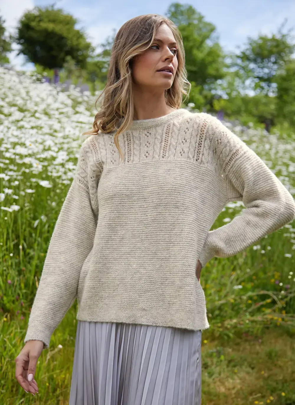 Fisherman Alpaca Eyelet Stitch Crew Neck Sweater