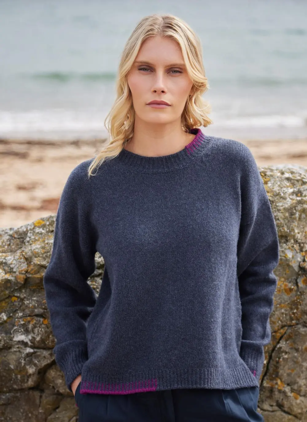 Fisherman Wool Cashmere Blanket Stitch Crew Neck Sweater