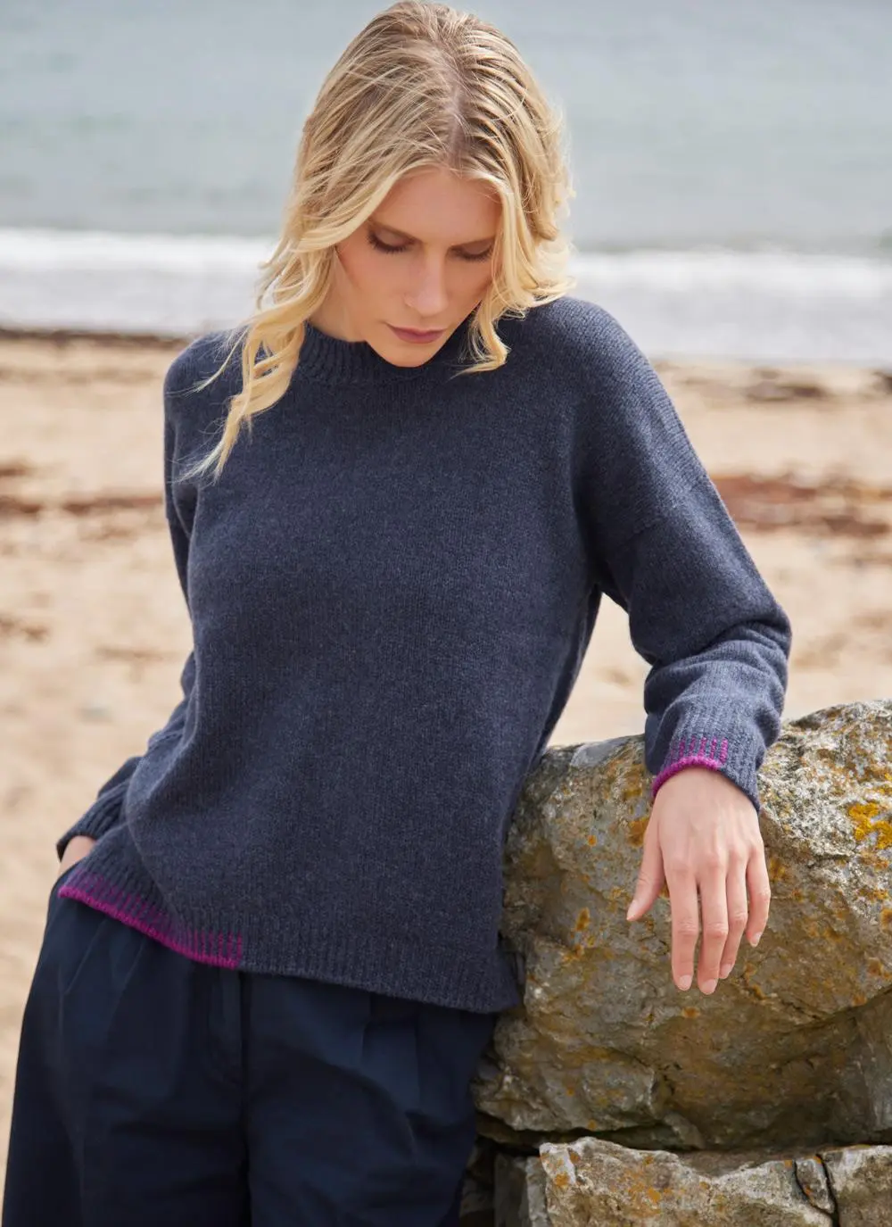 Fisherman Wool Cashmere Blanket Stitch Crew Neck Sweater