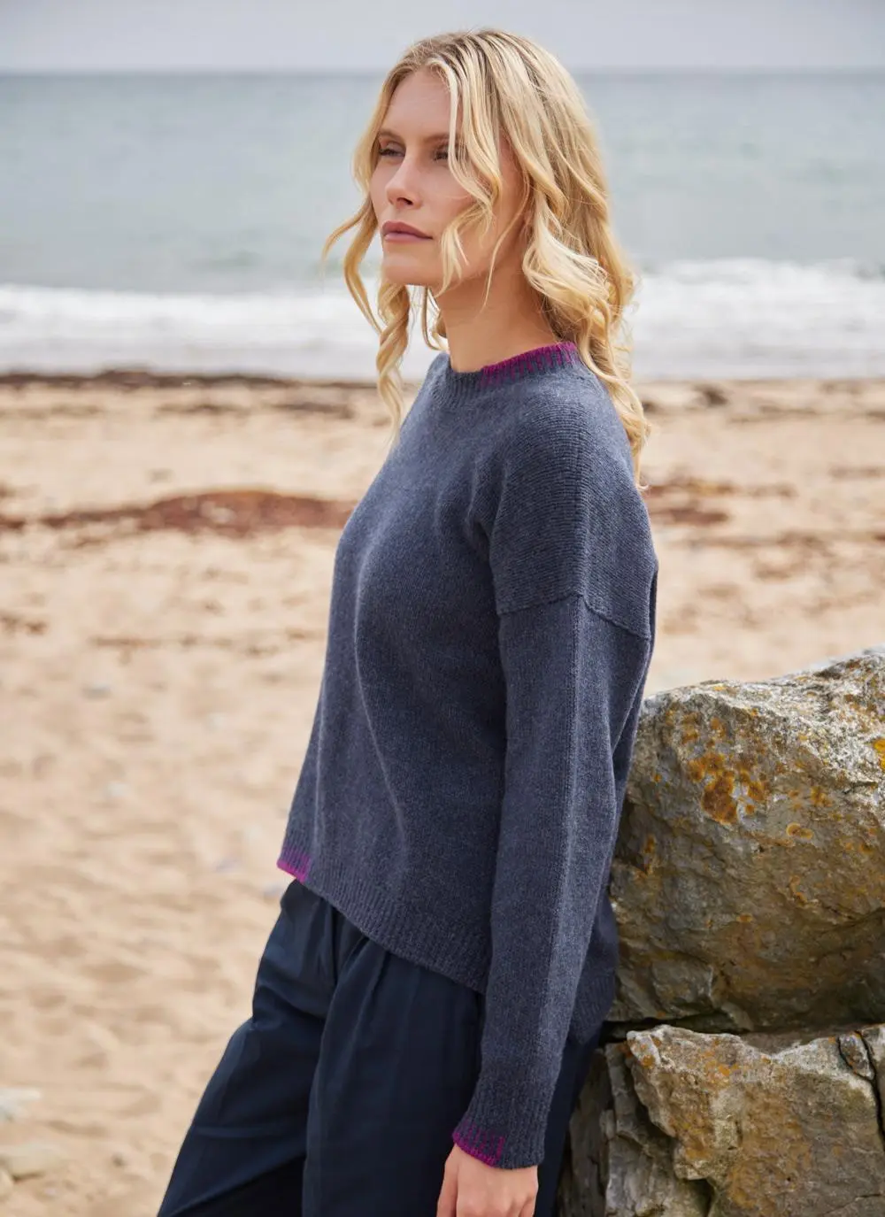 Fisherman Wool Cashmere Blanket Stitch Crew Neck Sweater