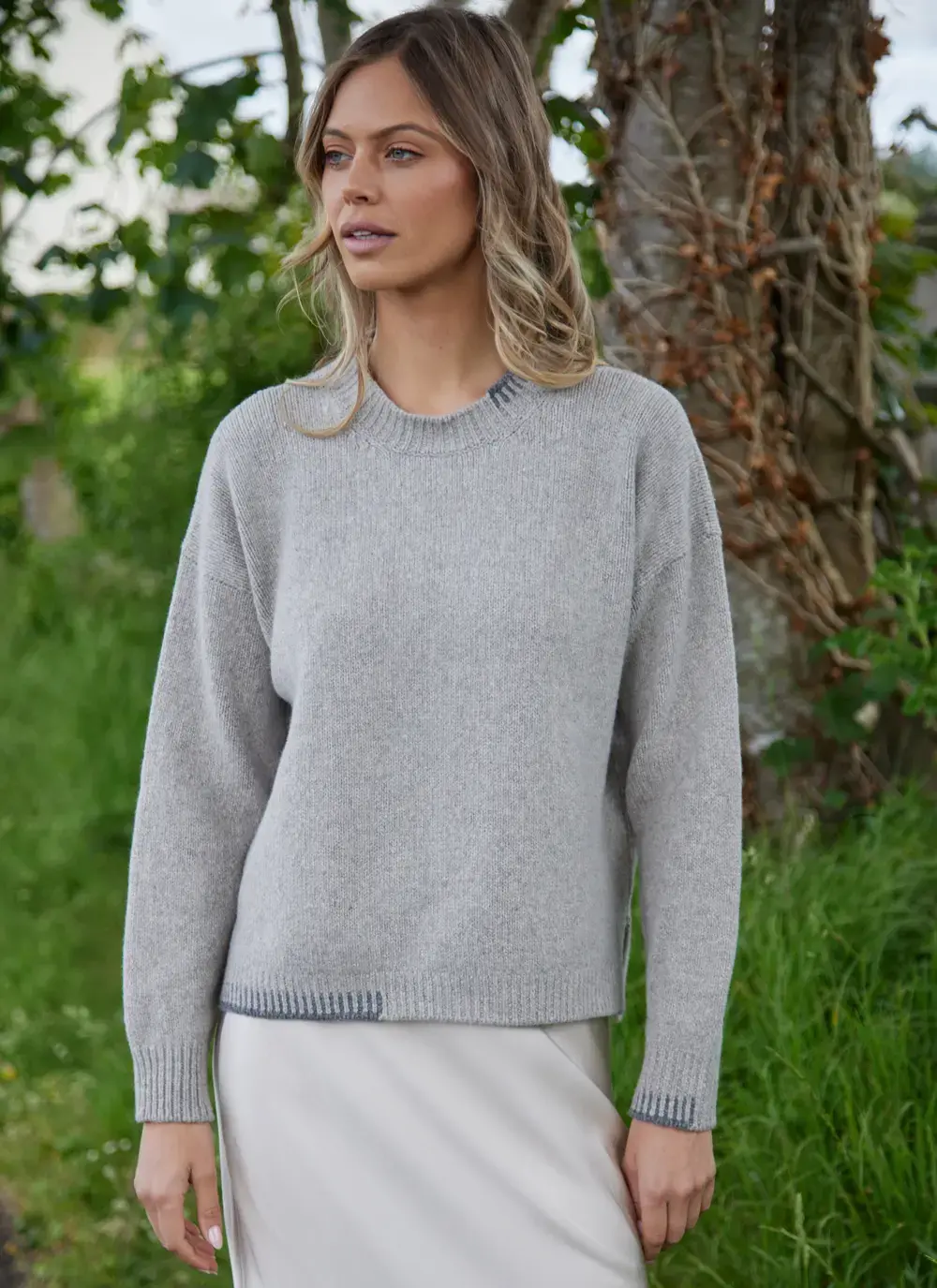 Wool Cashmere Blanket Stitch Crew Neck Sweater