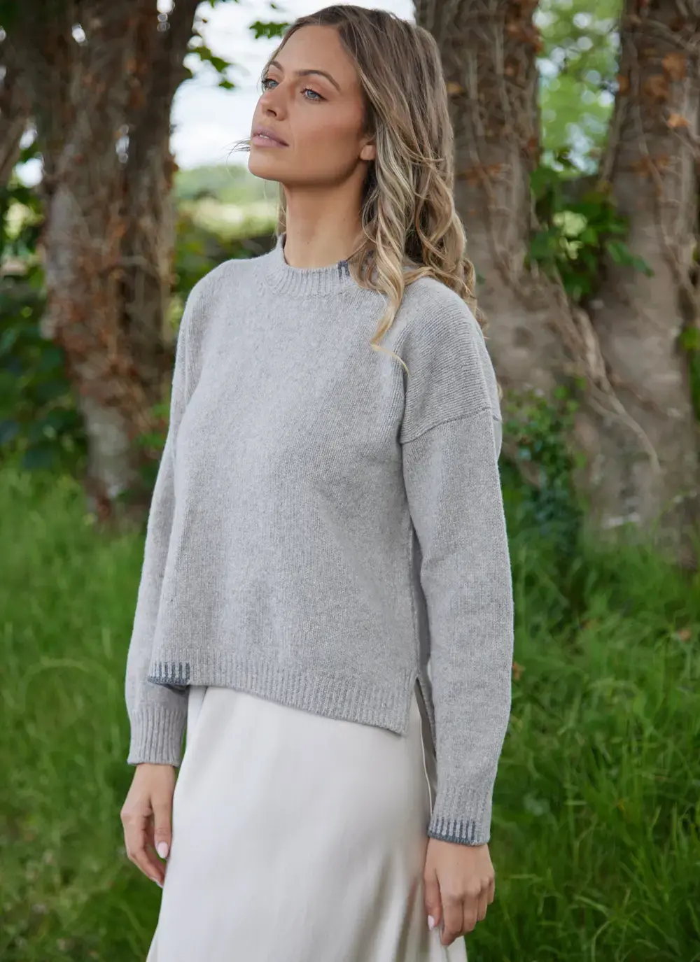 Wool Cashmere Blanket Stitch Crew Neck Sweater