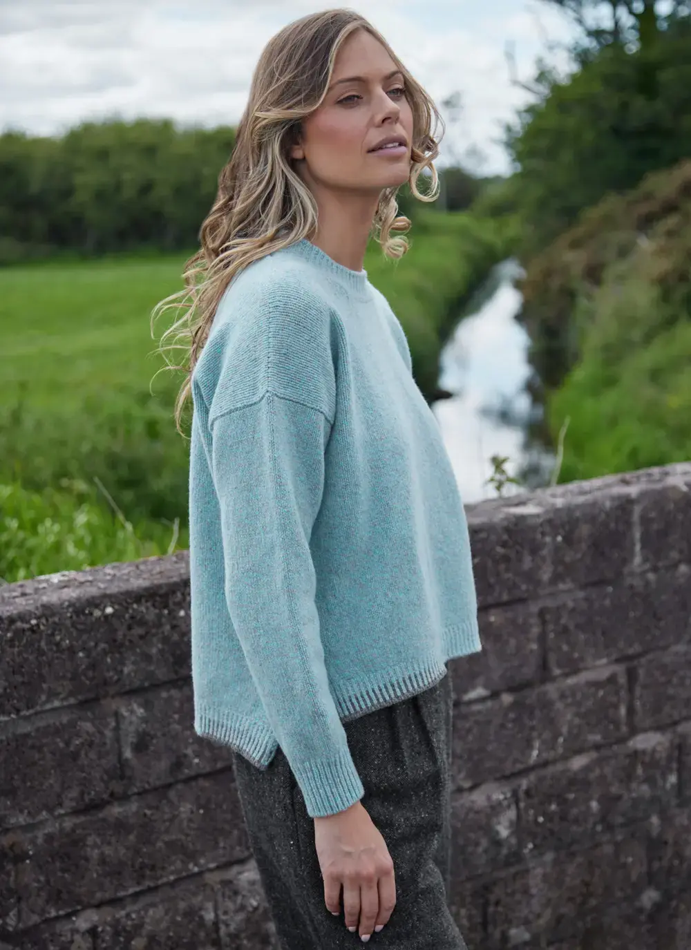 Wool Cashmere Blanket Stitch Crew Neck Sweater