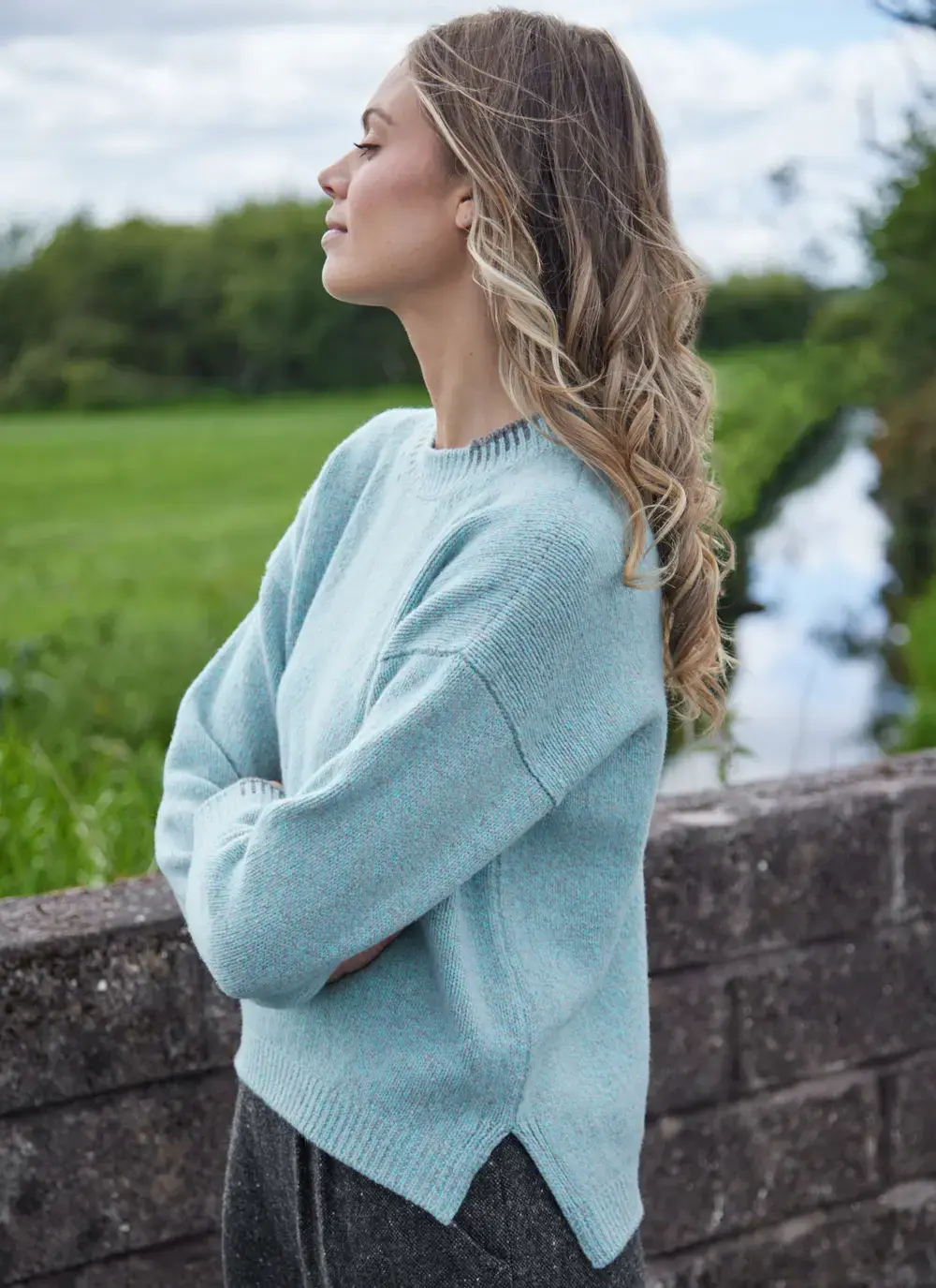 Wool Cashmere Blanket Stitch Crew Neck Sweater