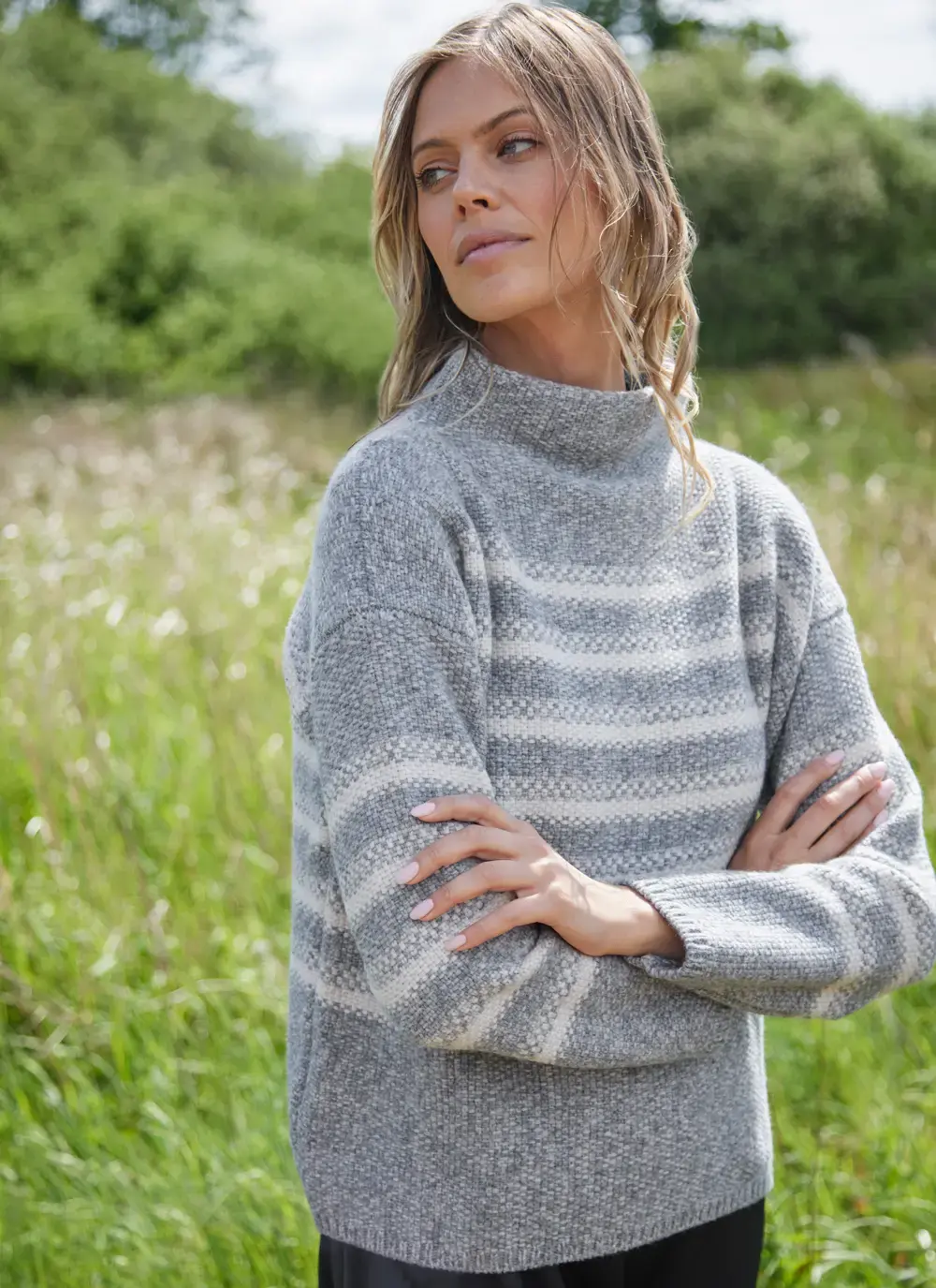 Fisherman Merino Mock Neck Sweater with Stripe