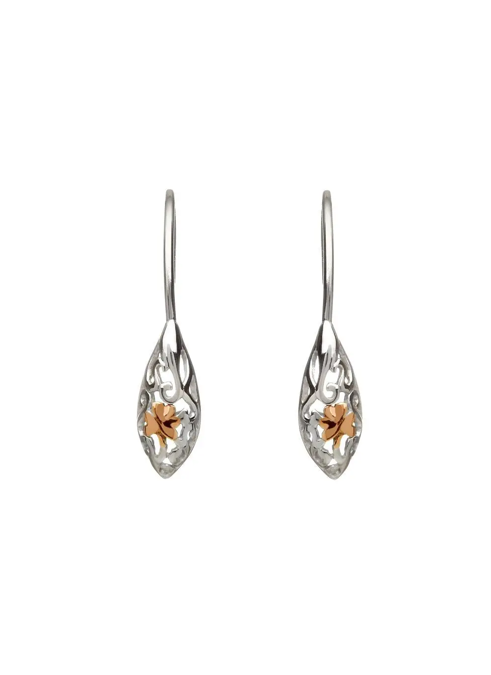 Sterling Silver & Rose Gold Celtic Drop Shamrock Earrings