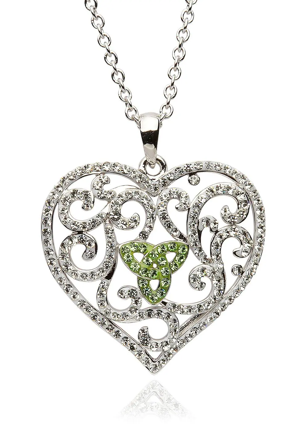 Green Trinity Knot Heart Pendant Adorned With Swarovski Crystals