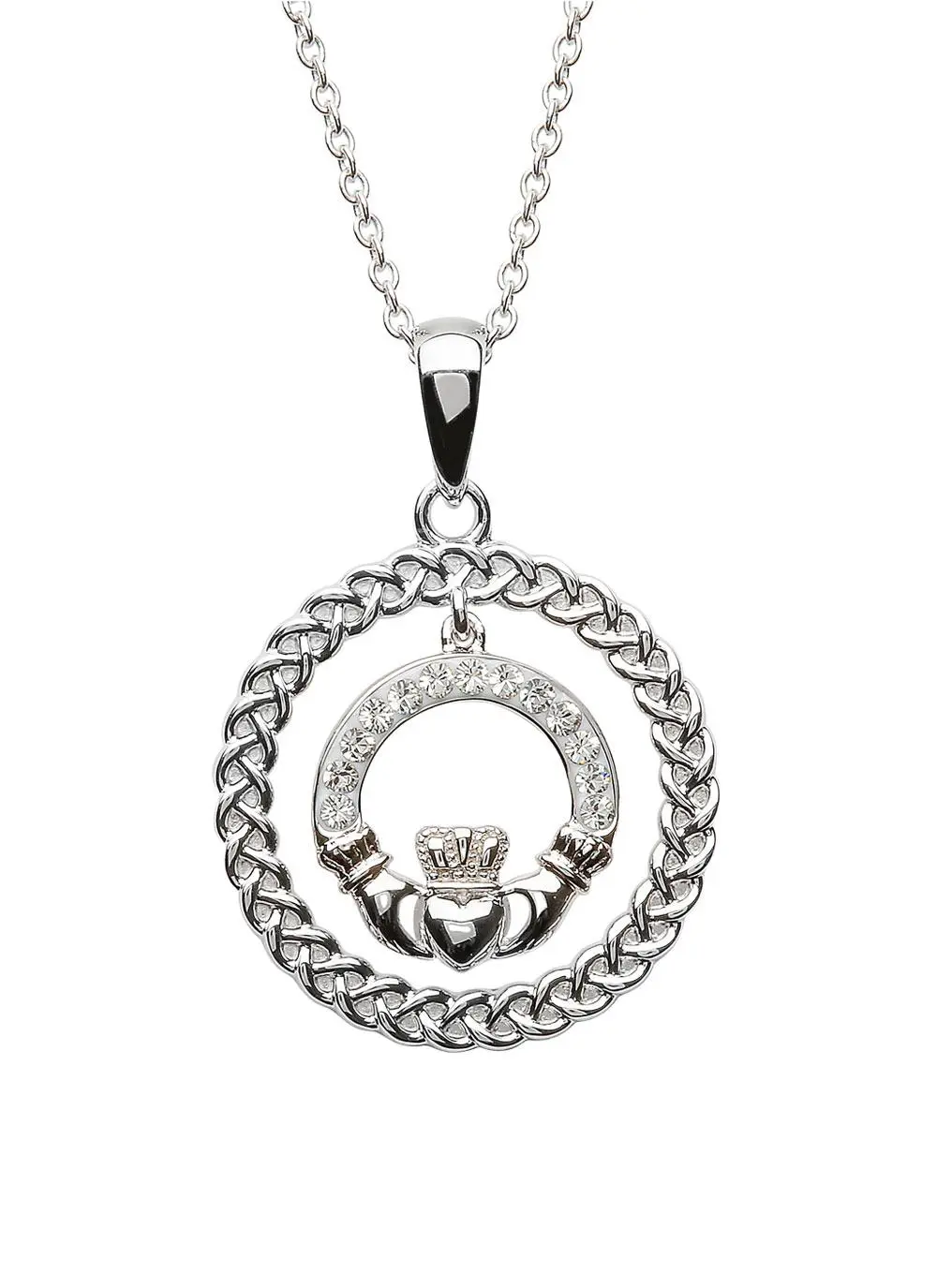Silver Claddagh & Rope Circle Pendant Encrusted With Swarovski Crystals