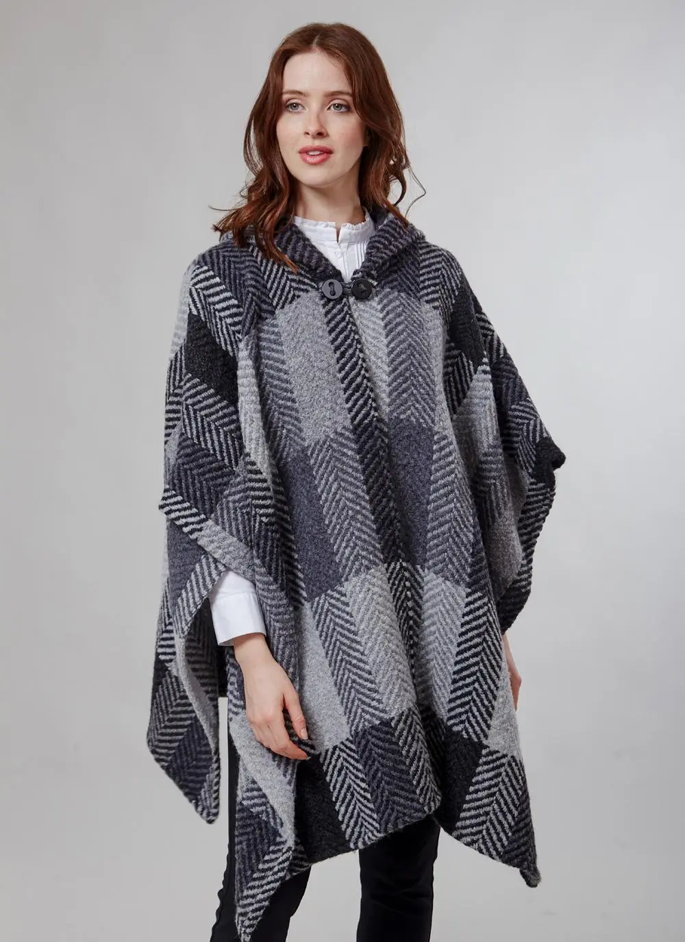 Sarah Hooded Cape Multi Grey Herringbone