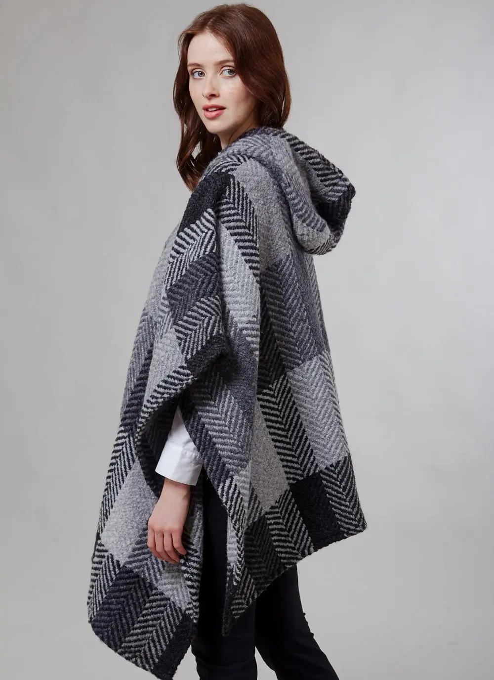 Sarah Hooded Cape Multi Grey Herringbone