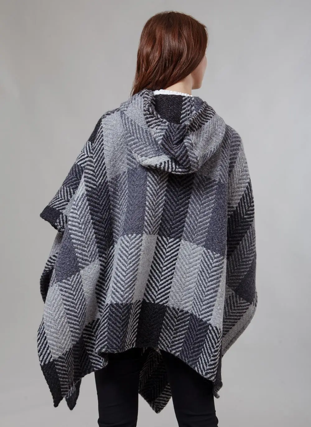 Sarah Hooded Cape Multi Grey Herringbone