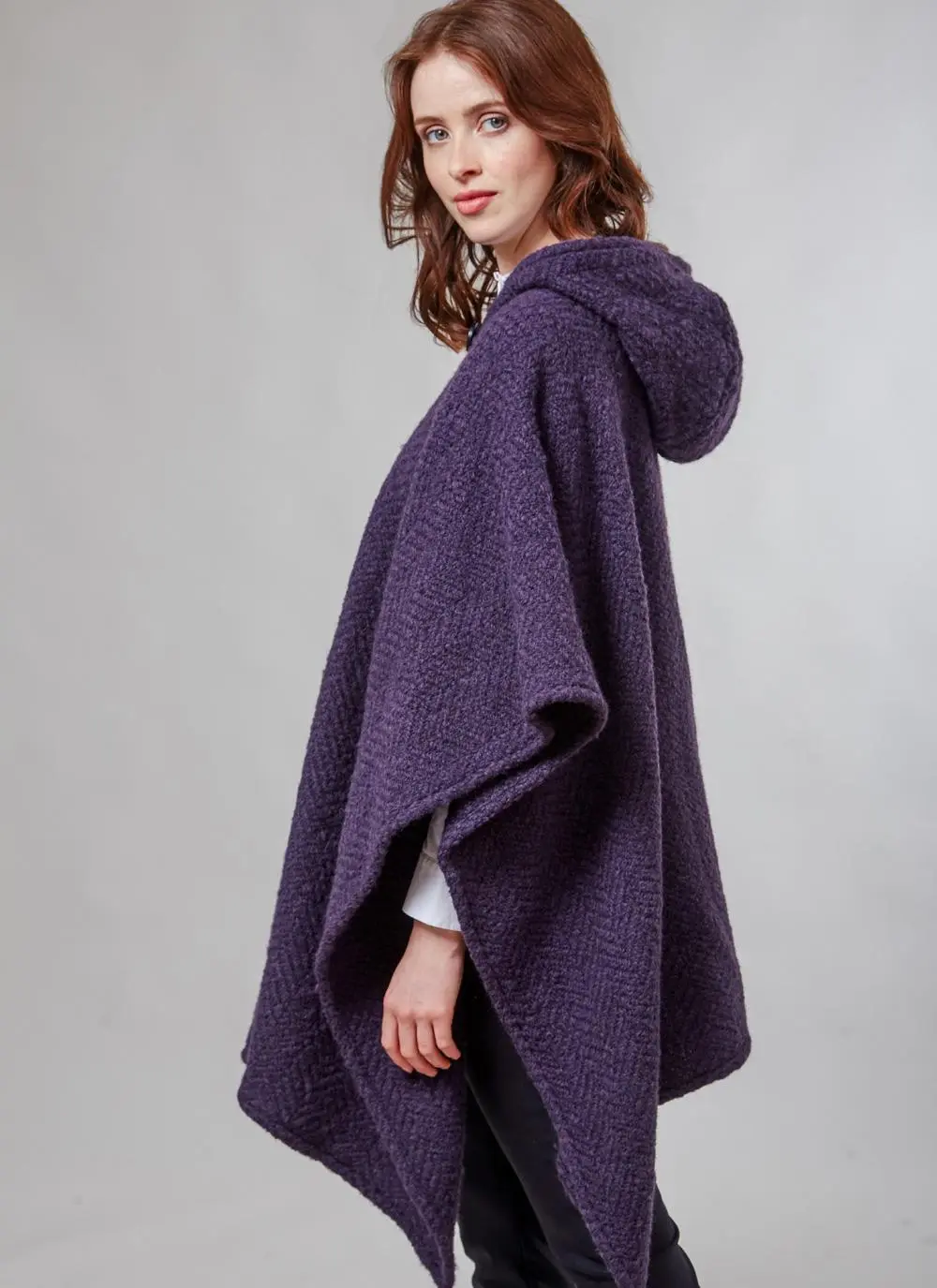 Sarah Hooded Cape Purple Herringbone