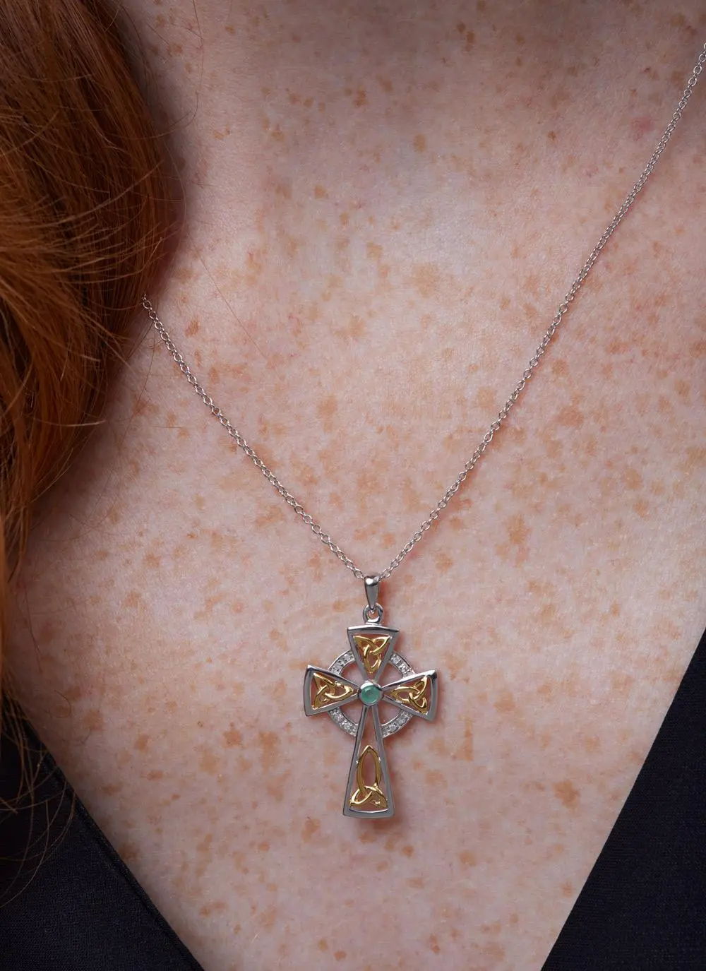 Diamond & Emerald Gold Celtic Cross Necklace - Solvar Irish Jewellery