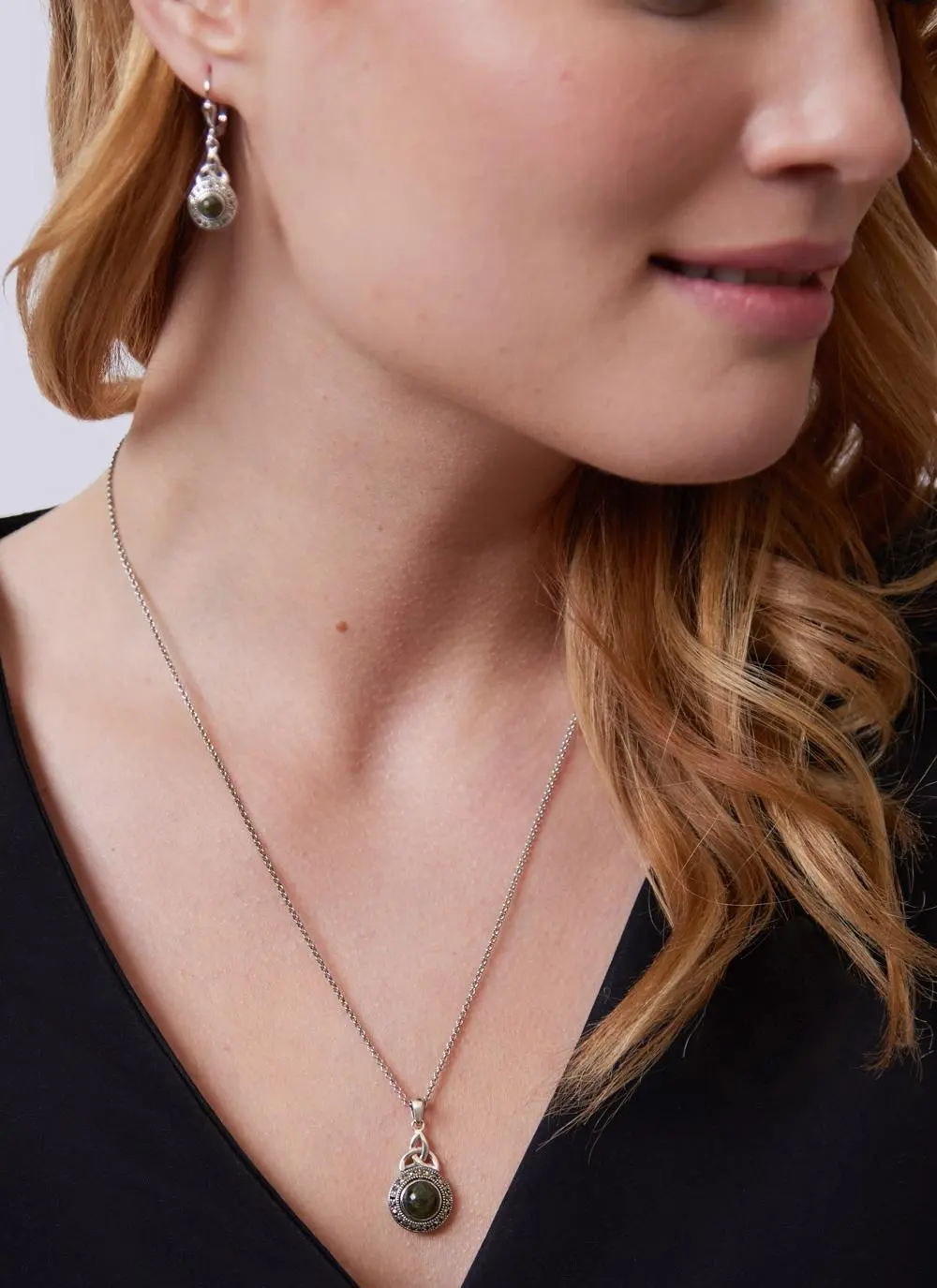 Sterling Silver & Connemara Marble Trinity Knot Pendant with Marcasite 