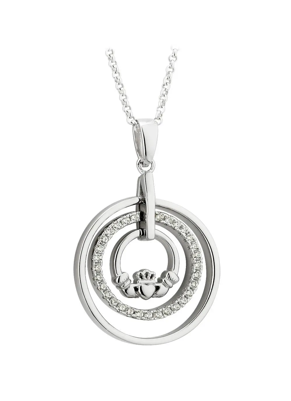 Sterling Silver & Cubic Zirconia Claddagh Circle Pendant
