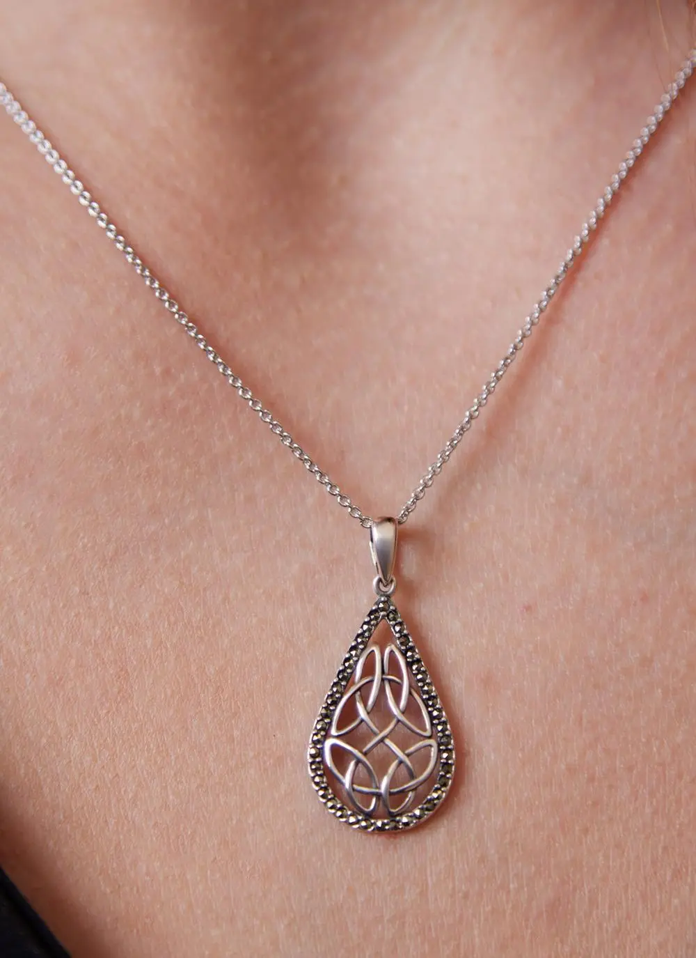 Sterling Silver & Marcasite Tear Drop Celtic Knot Pendant