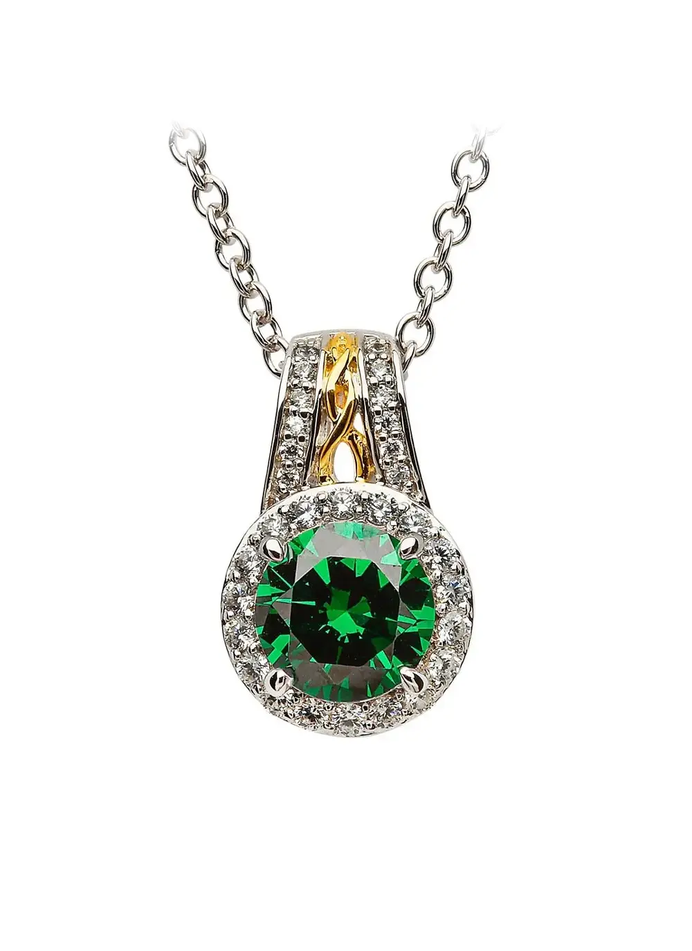 White background cut out shot of Celtic Silver Green Stone Halo Pendant