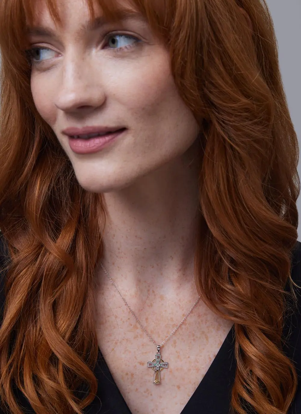 Red haired model wearing Sterling Silver Celtic Trinity Diamond 