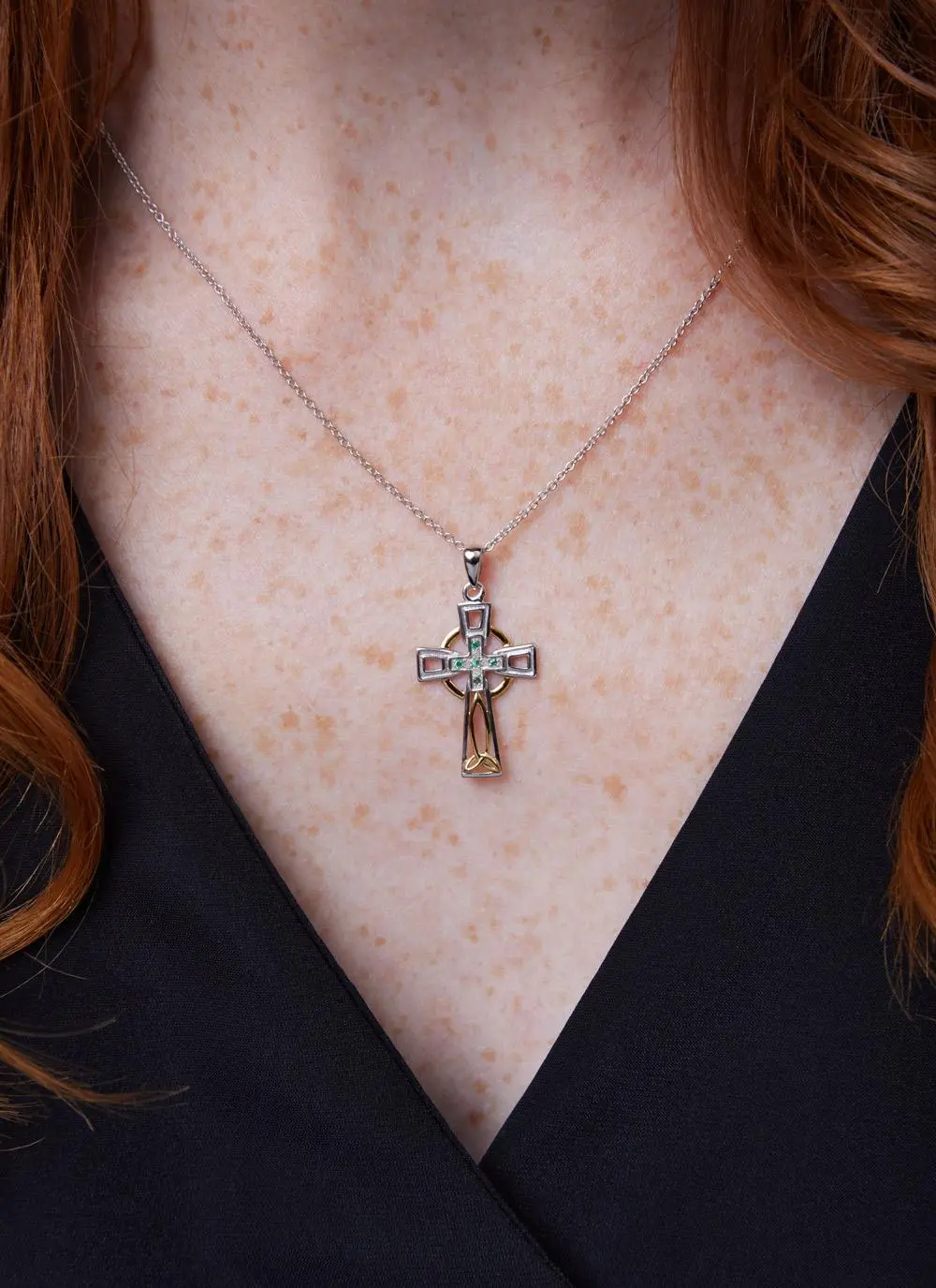 Décolletage shot of Sterling Silver Celtic Trinity Diamond 