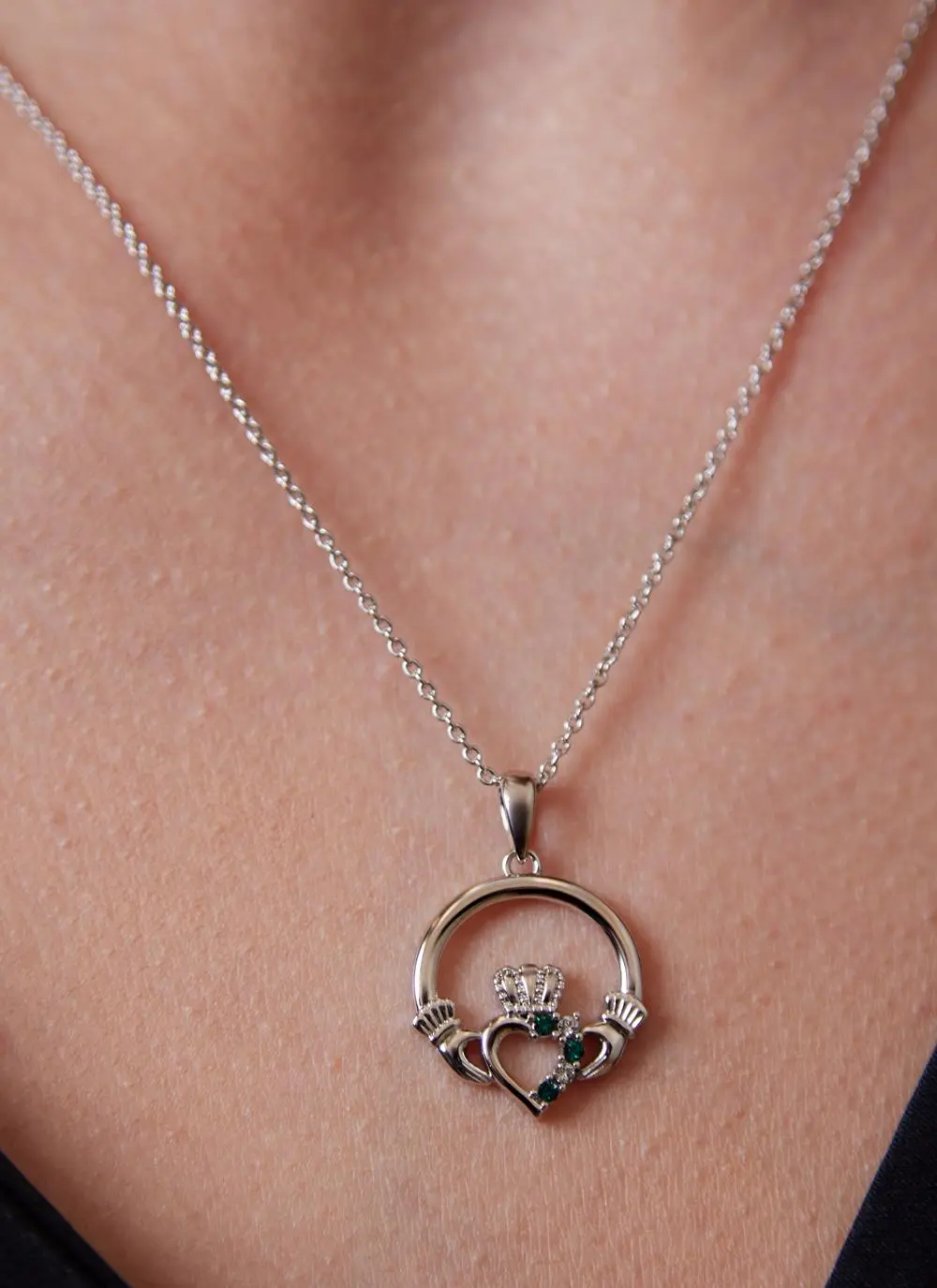 Sterling Silver Claddagh Heart Pendant with Green Cubic Zirconia