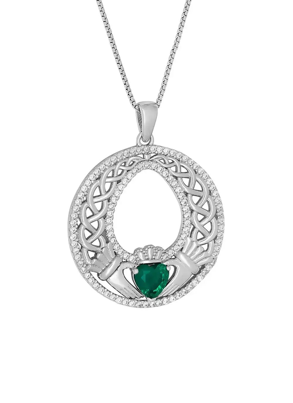 Sterling Silver Claddagh Pendant With Green Cubic Zirconia Stone and Intricate Detail