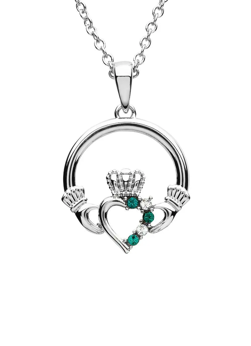 Sterling Silver Claddagh Heart Pendant with Green Cubic Zirconia