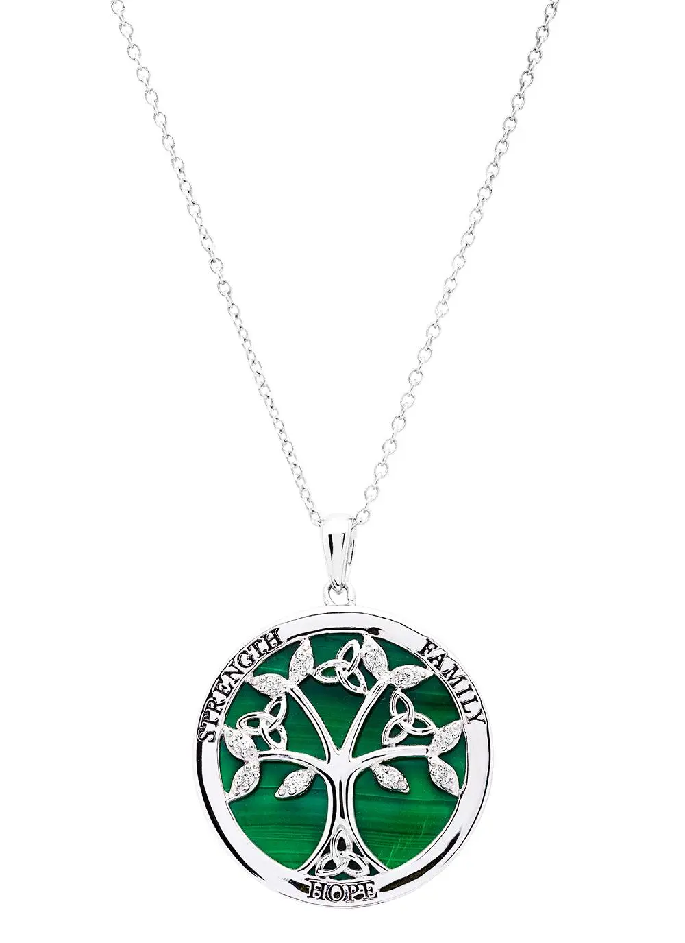 White background cut out shot of Sterling Silver Malachite Tree of Life Disc Pendant