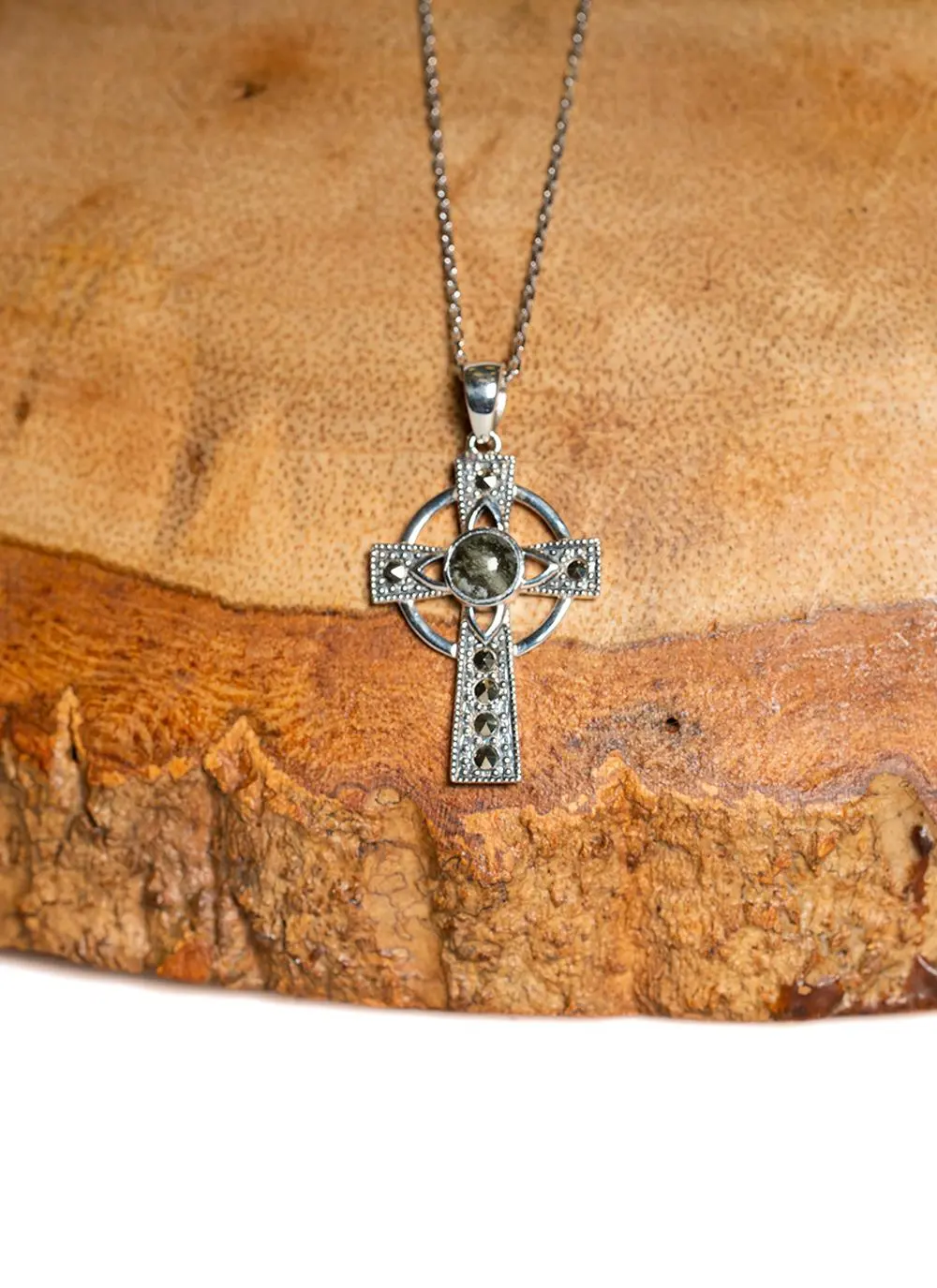 Sterling Silver Marble Marcasite Celtic Cross Pendant 