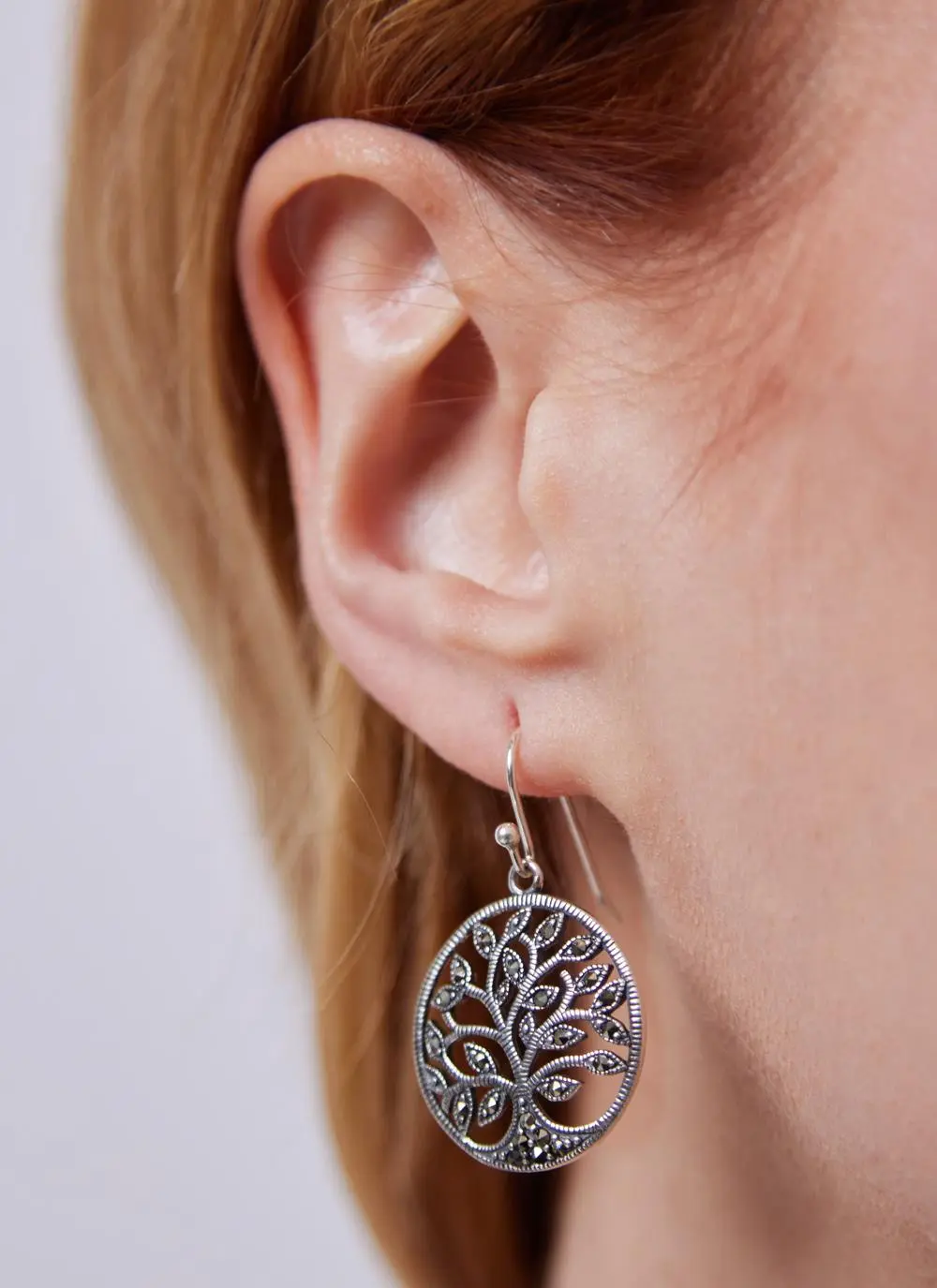 Sterling Silver Marcasite Tree of Life Drop Earrings