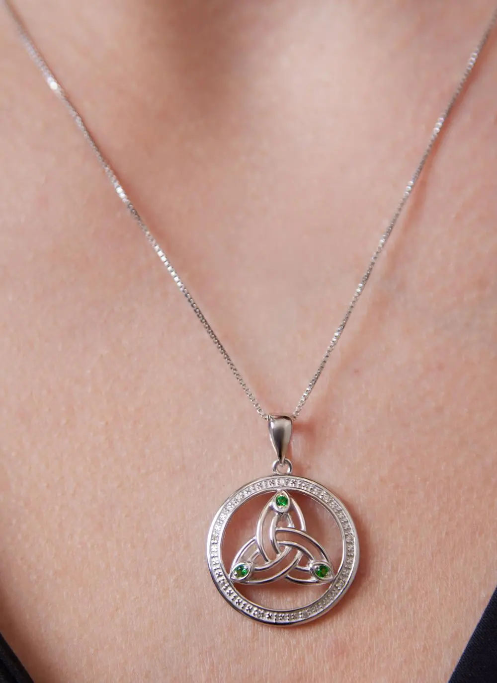 Sterling Silver Trinity Knot Round Pendant with Green Cubic Zirconia