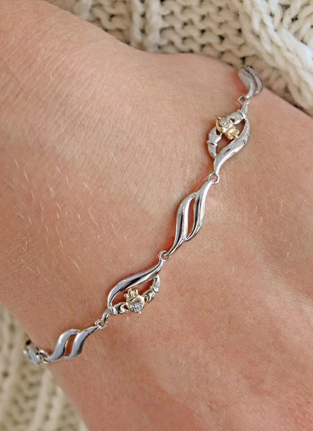 Sterling Silver & 10K Gold Diamond Claddagh Bracelet